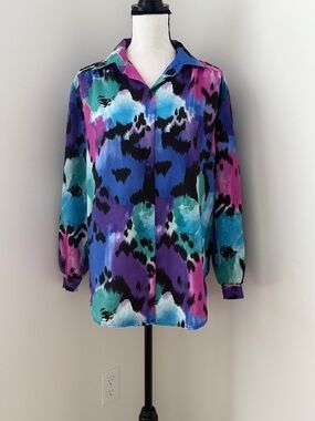 Vintage My Kinda Gal Colorwash Button-Up Top in Teal, Purple & Black